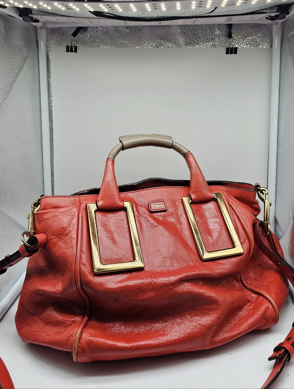 Chloe Bay Medium Red Leather Satchel Handbag With Gold Accents